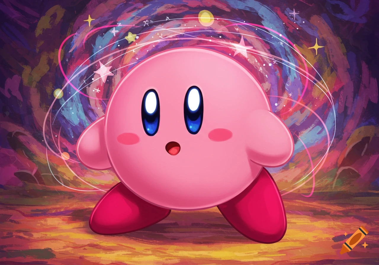 The video game character Kirby with a swirling colorful background.