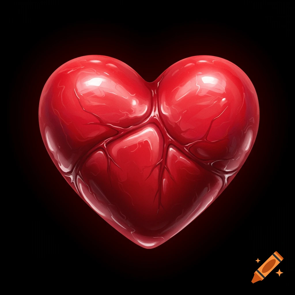 A glossy red anatomical heart against a black background.