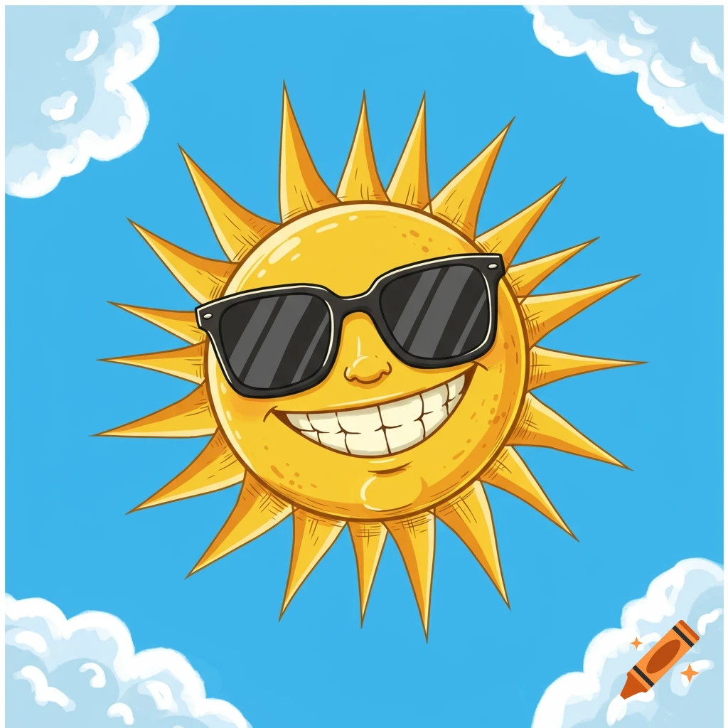 A fun cartoon sun wearing sunglasses in a blue sky with clouds.
