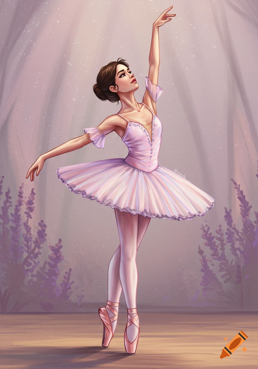 A ballerina in a pink tutu dancing on a stage with lavender plants.