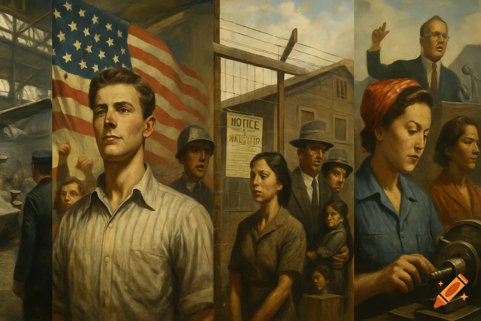 Multi-panel painting shows WWII America: a man with a flag, people at an internment camp, women working, and a speaker.