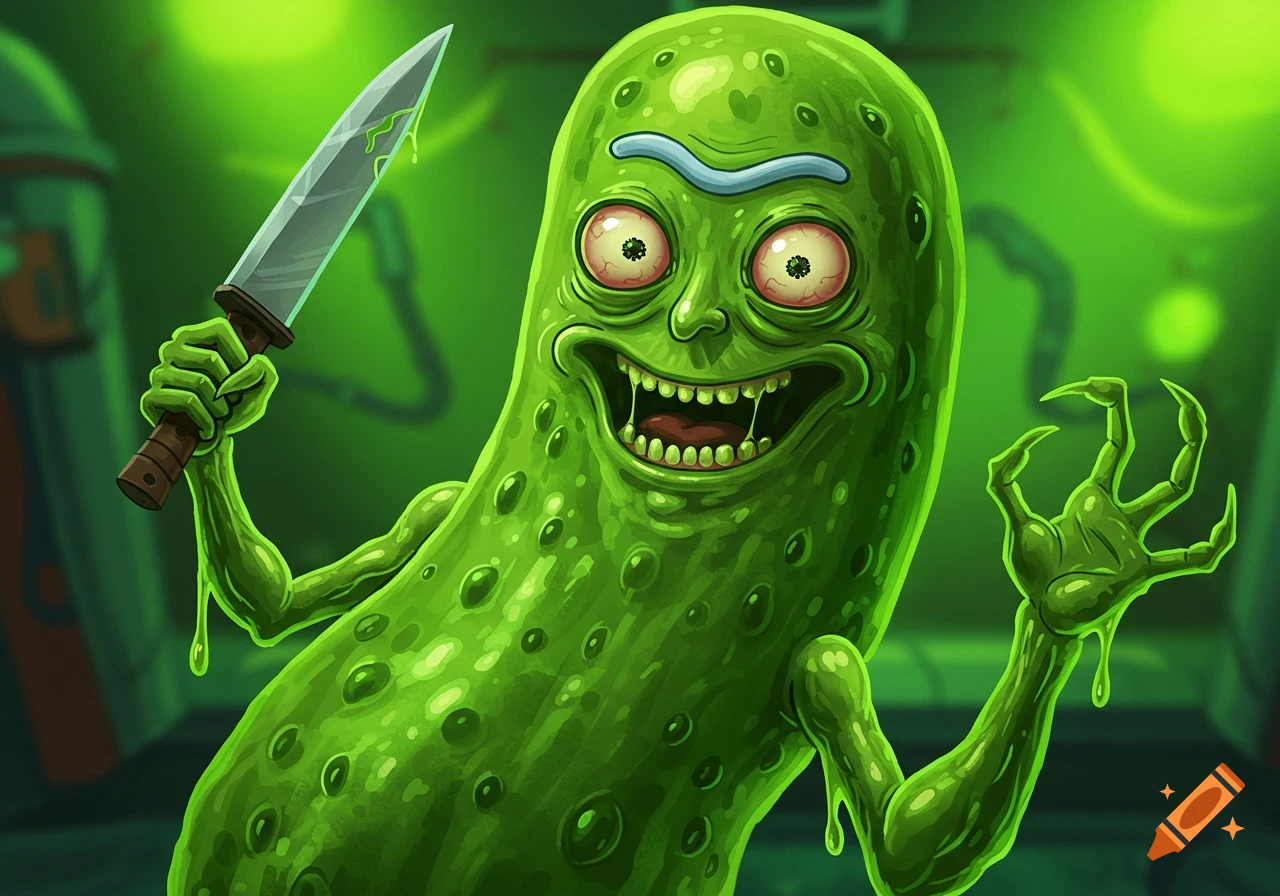 A menacing cartoon green pickle character holding a bloody knife in a green room.