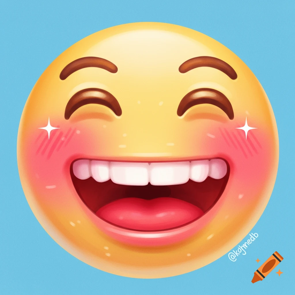 A digitally painted emoji face laughing with arched eyes and rosy cheeks.