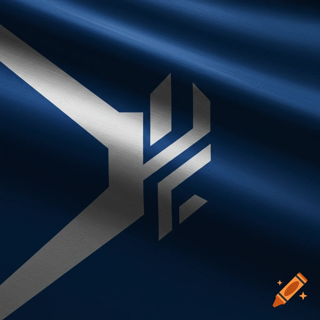 A waving dark blue flag with a white geometric symbol