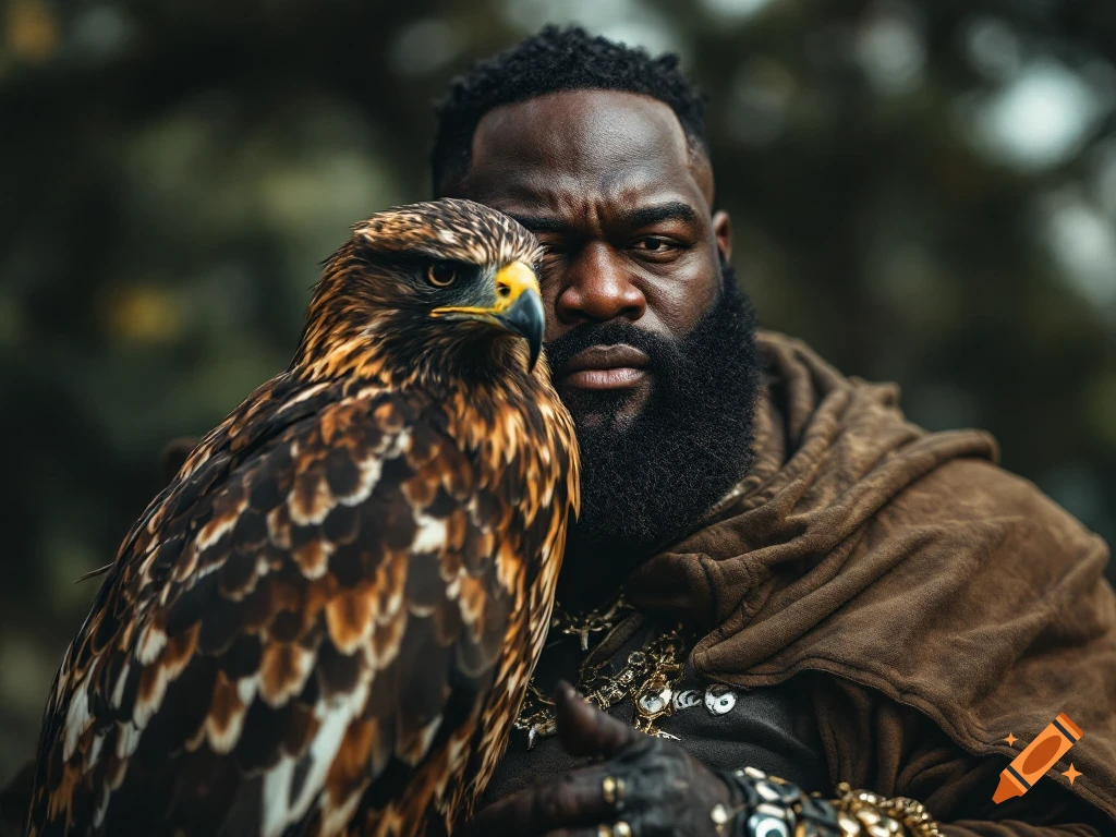 A man with a beard in a hooded cloak and chains holds a hawk on his arm. Photorealistic.