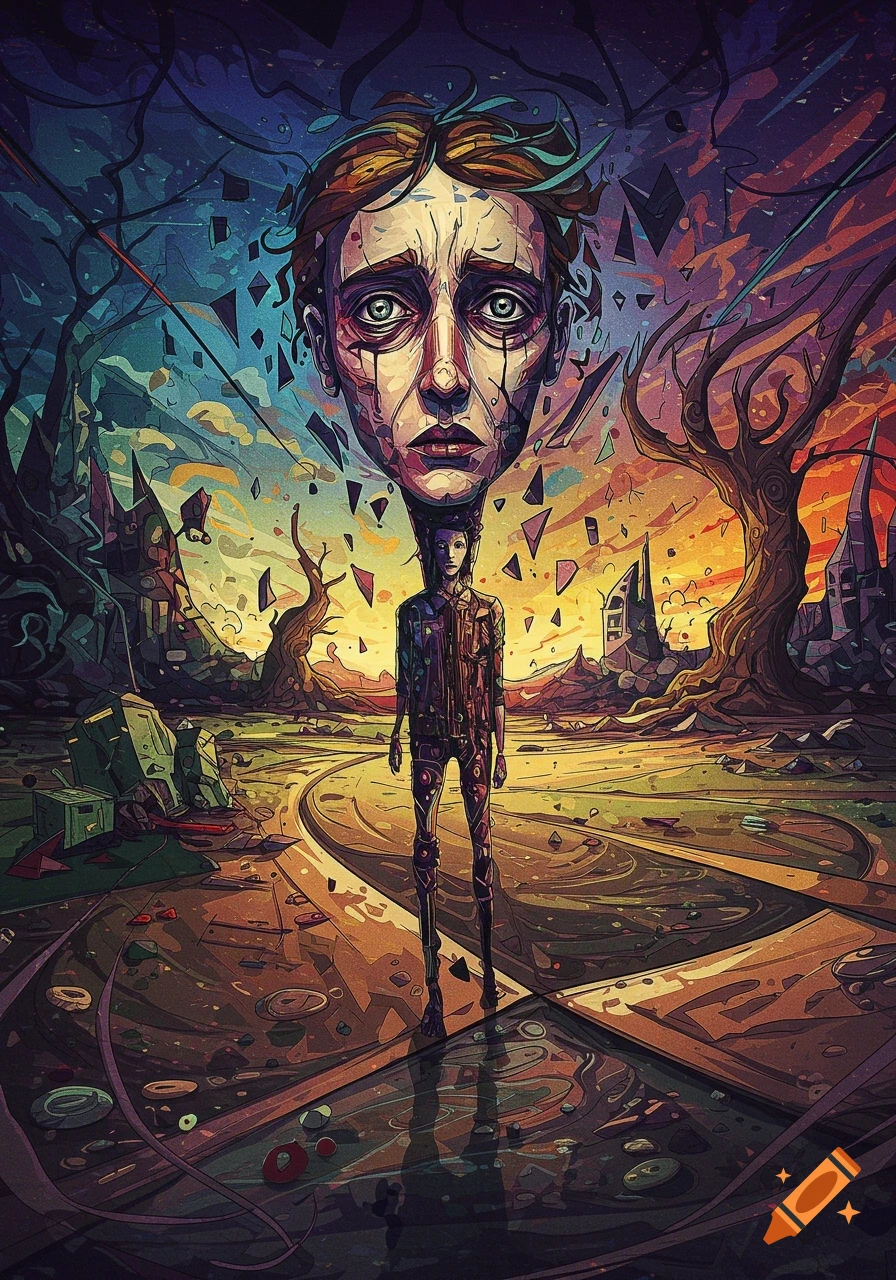 Surreal image of a figure with a large, distorted head in a fragmented landscape.