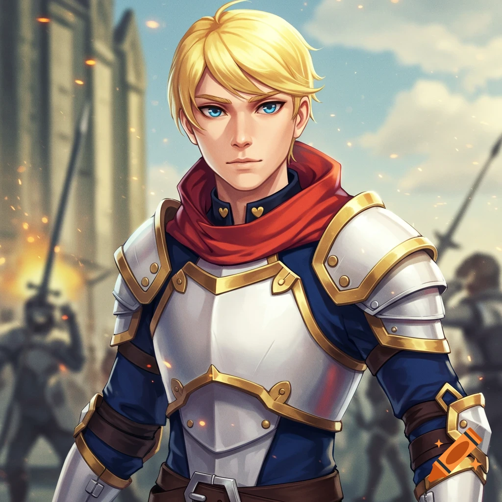 Young blonde man in fantasy armor with swords in the background.