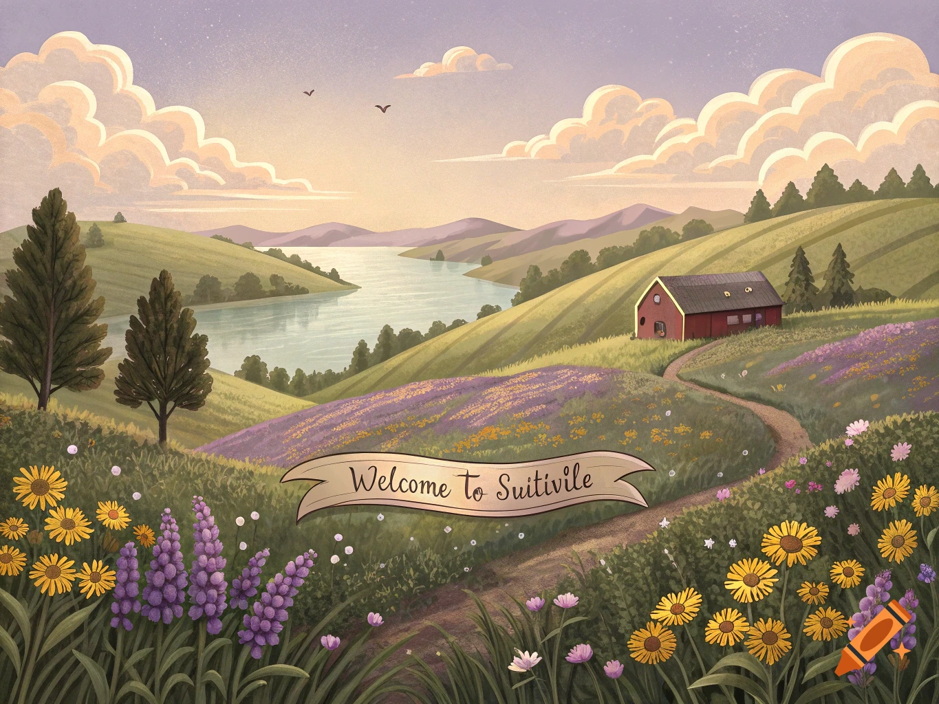 Illustrative landscape with rolling hills, lake, red house, flower fields, and a banner saying 'Welcome to Suitivile'.