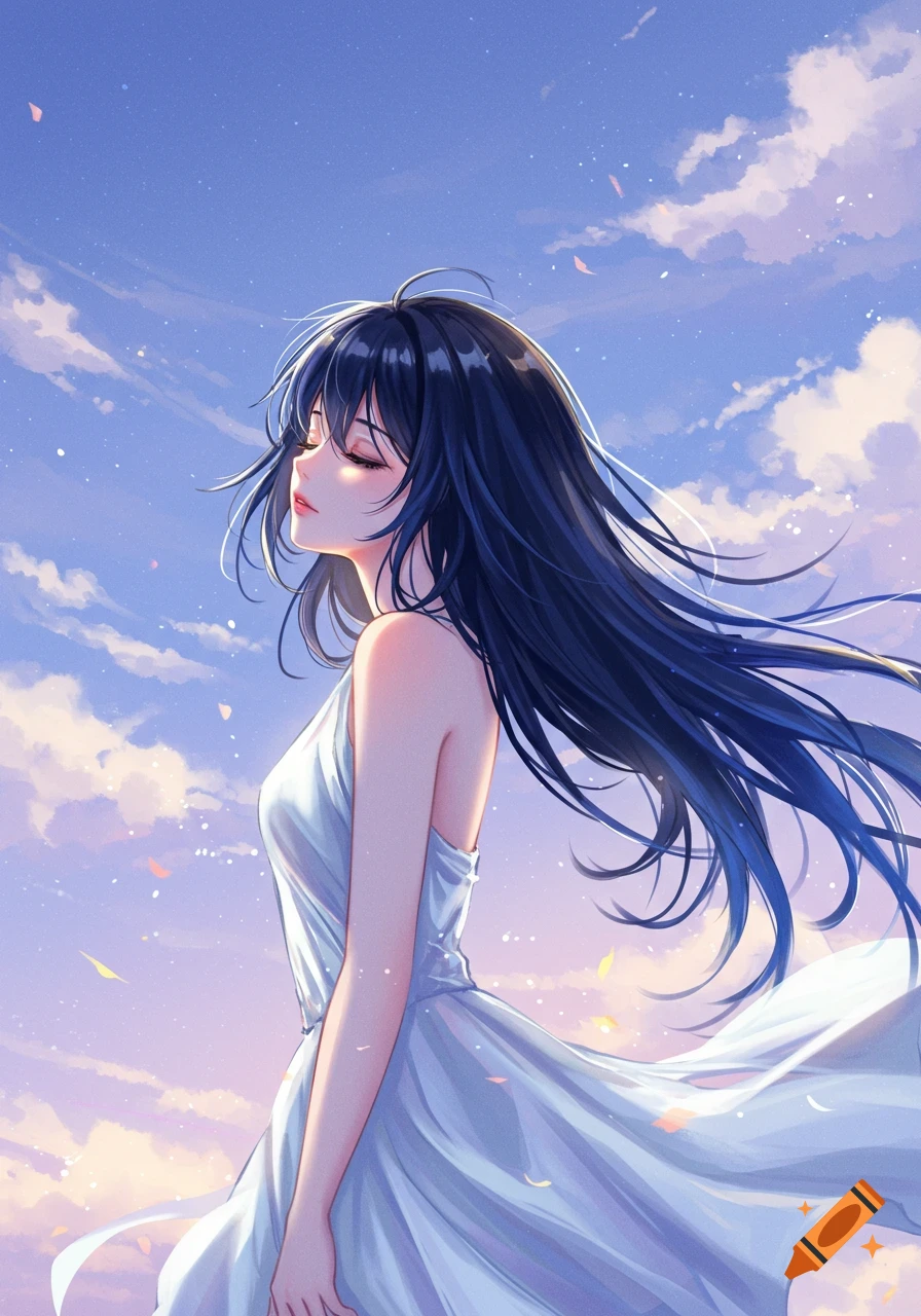 An anime girl with long dark hair in a white dress looks up at a cloudy sky.