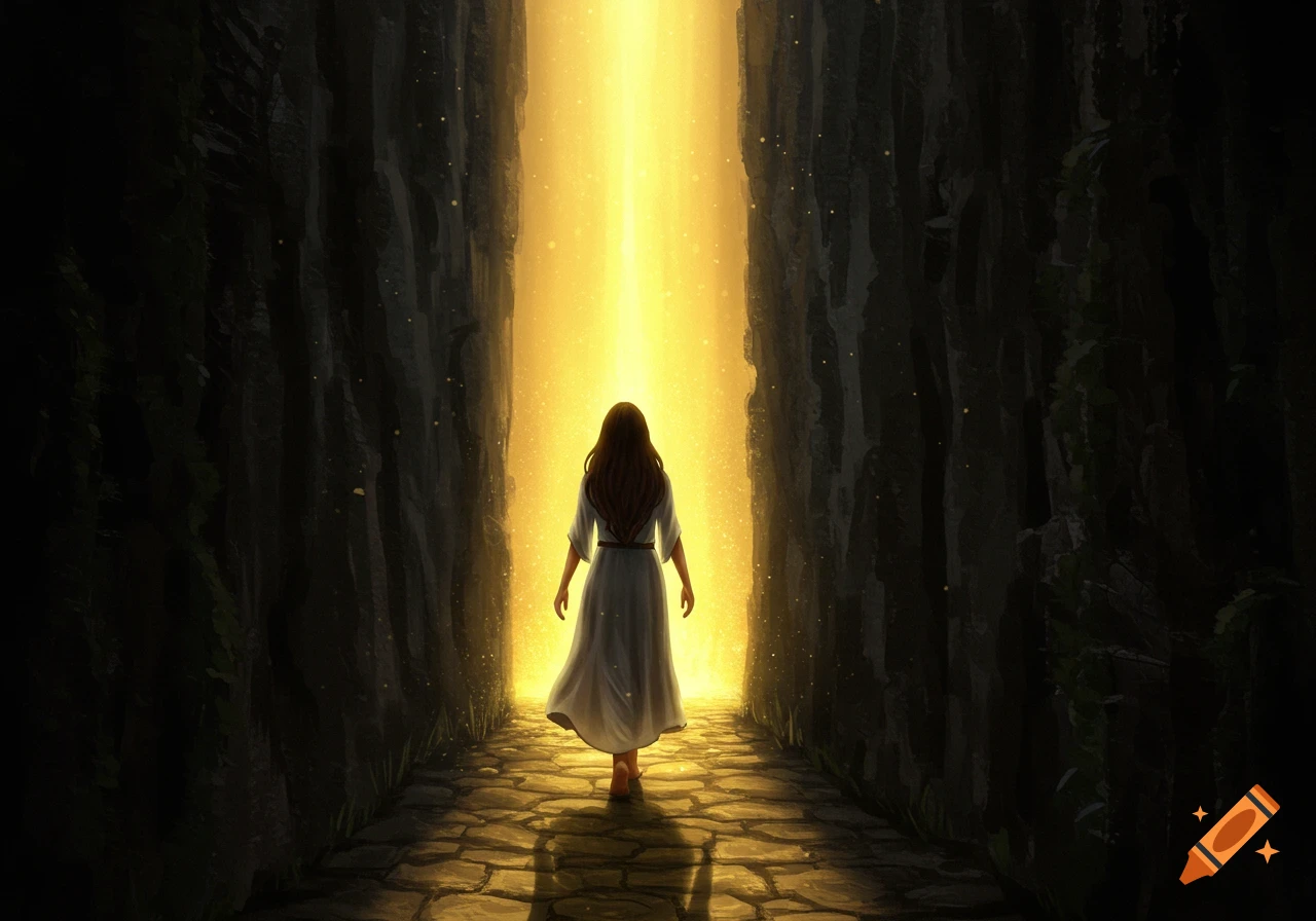 A woman walks on a stone path towards a bright light between dark rock walls.