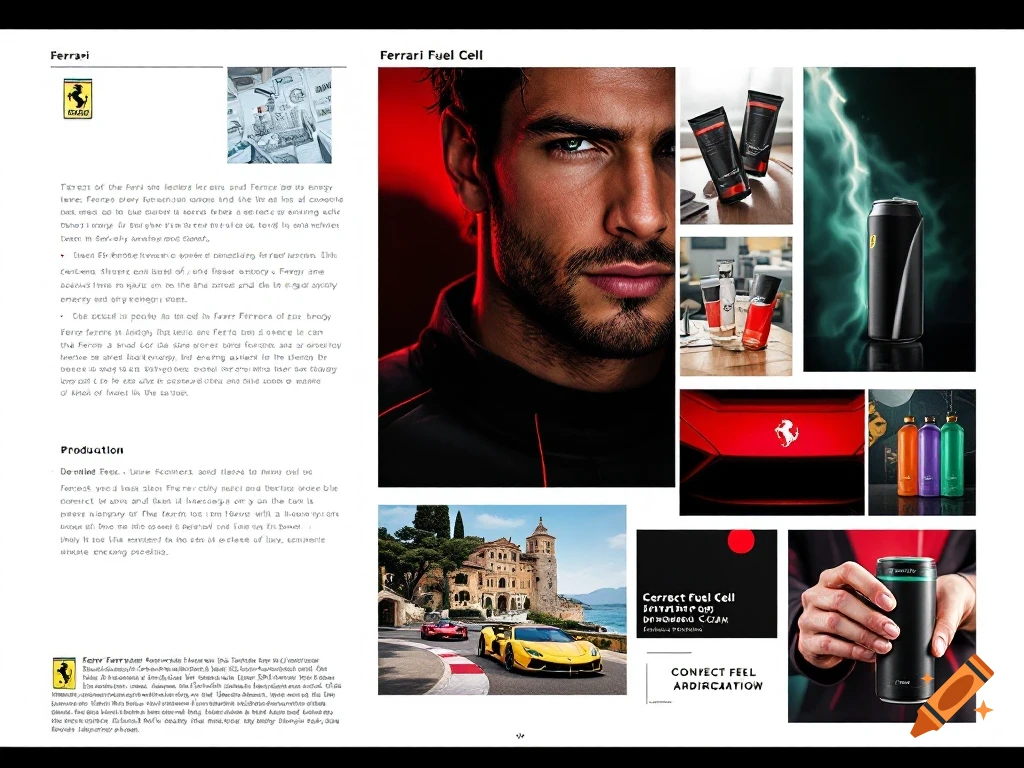 A mood board featuring a man's face, Ferrari Fuel Cell product concepts, a Ferrari car on a track, a landscape, and text.