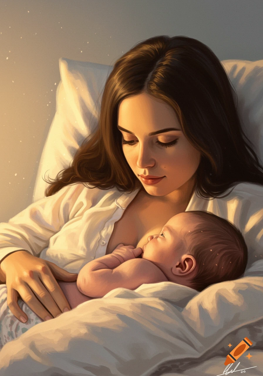 A mother holding and feeding a baby in warm light.
