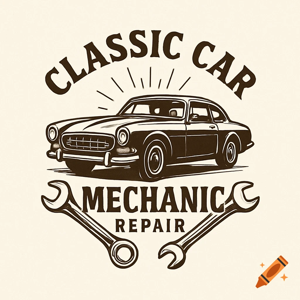 Black and white logo of a classic car, wrenches, and text