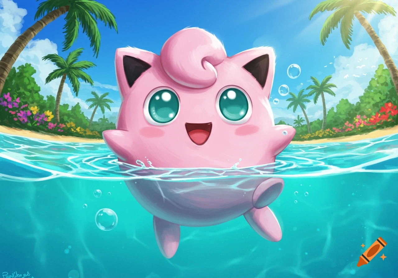 A happy pink Jigglypuff swimming in blue ocean water near a tropical beach with palm trees and flowers.