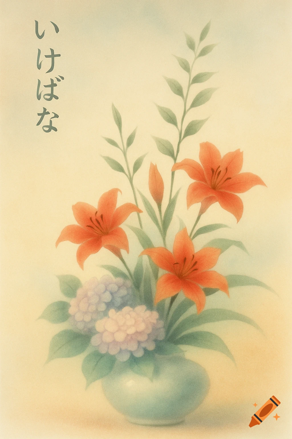 Orange lilies and purple hydrangeas arranged as Ikebana in a vase, with Japanese text.
