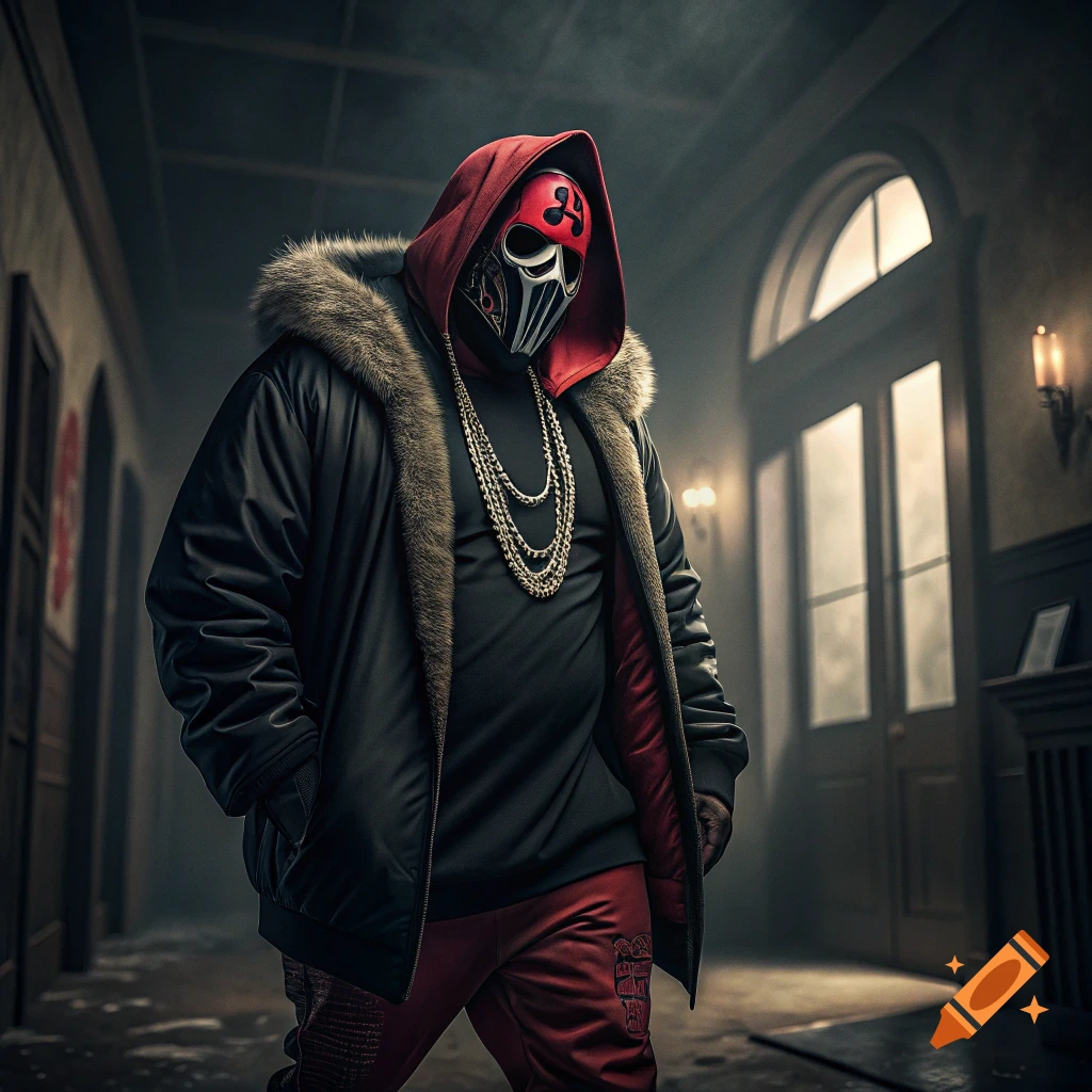 Masked person in a red hood, fur-trimmed jacket, and chains stands in a dark hallway.