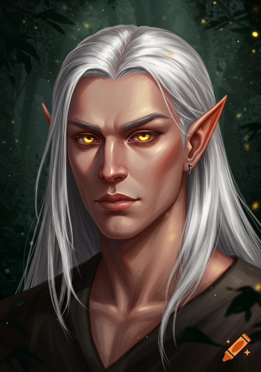 A half-elf man with silver hair and gold eyes is in a forest setting.