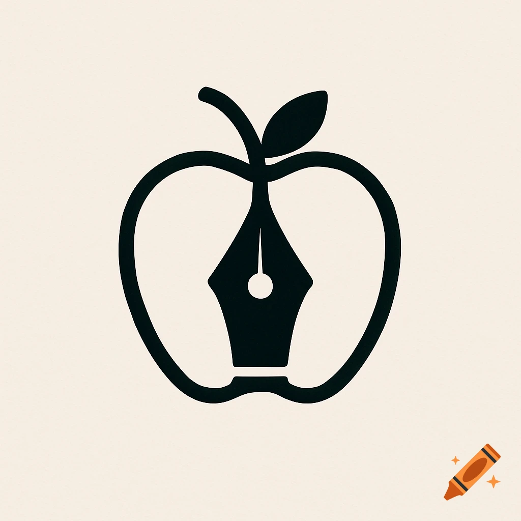 Minimalist logo combining an apple outline and an ink pen nib
