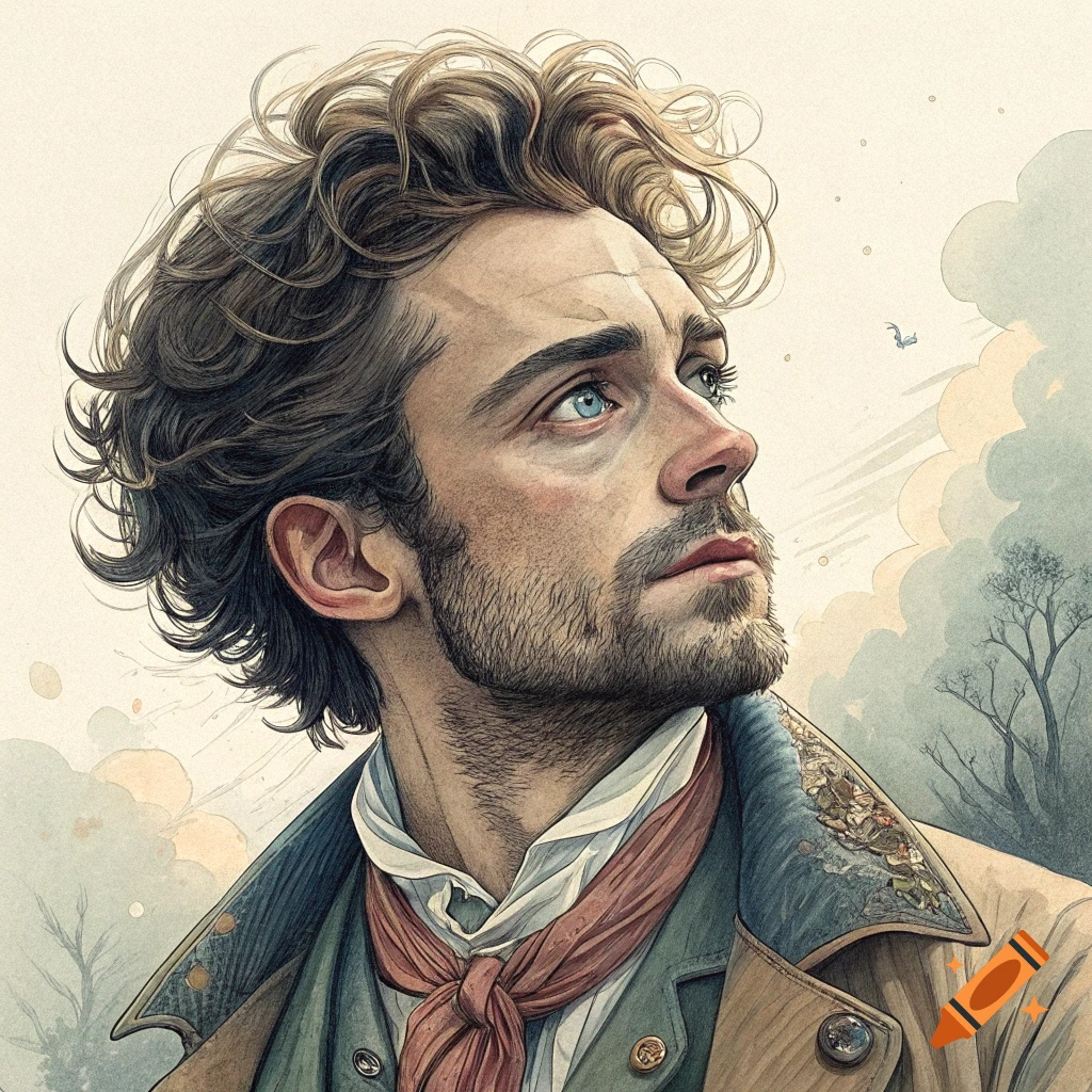 Portrait of a man looking up in a stylized watercolor art style.