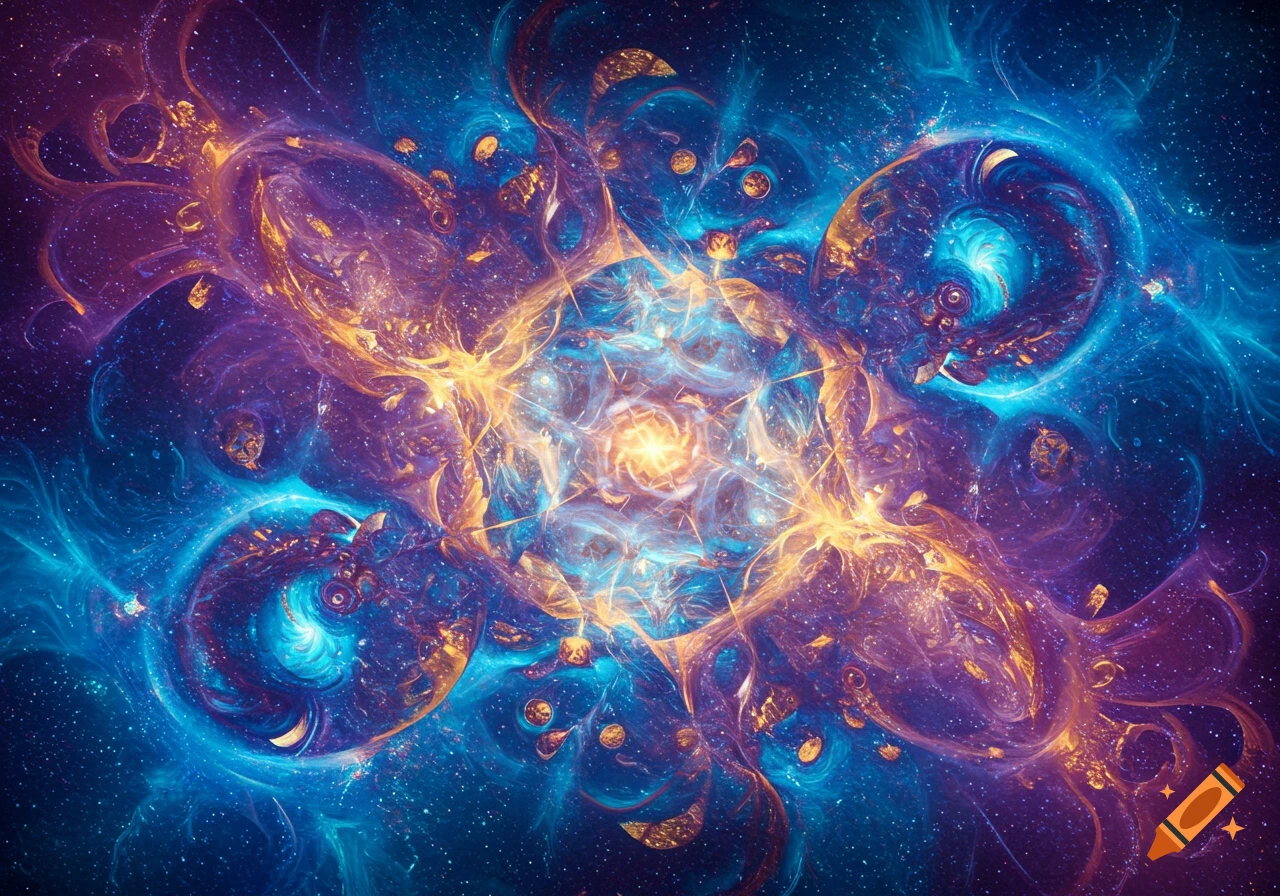 Abstract swirling cosmic energy in blue, purple, and gold.