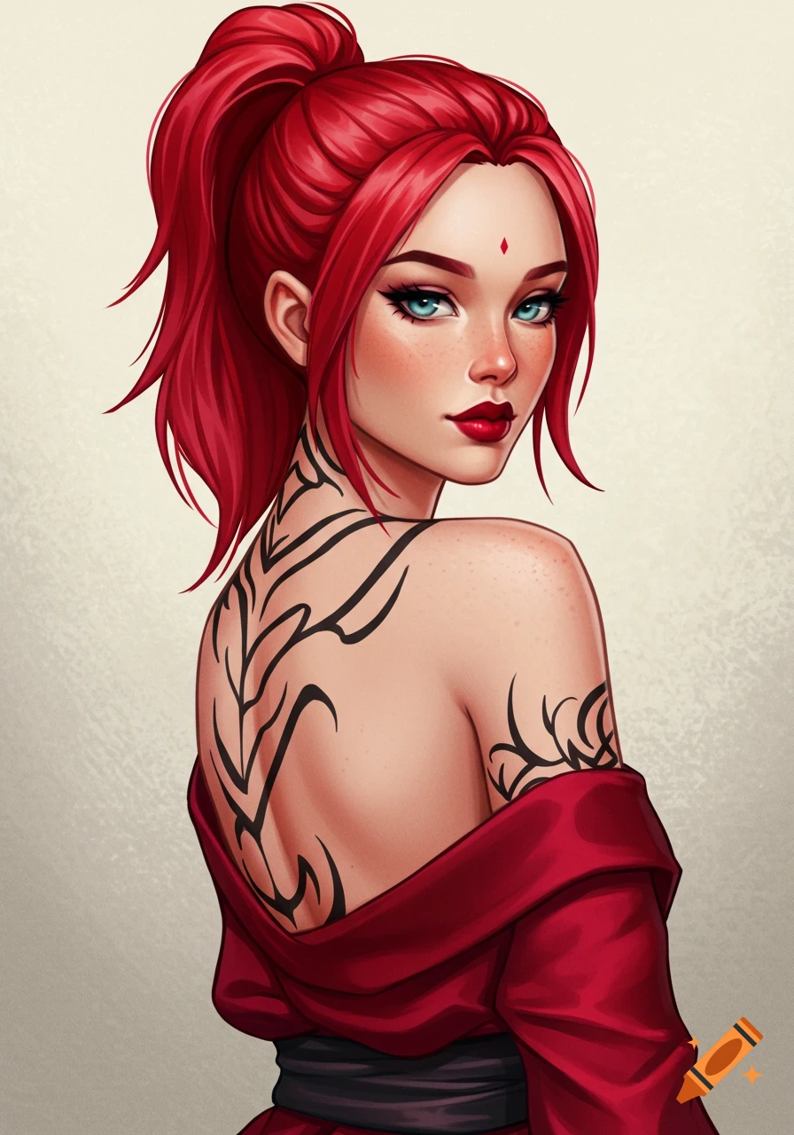 Stylized portrait of a red-haired woman with blue eyes and tattoos on her back, wearing a red dress.