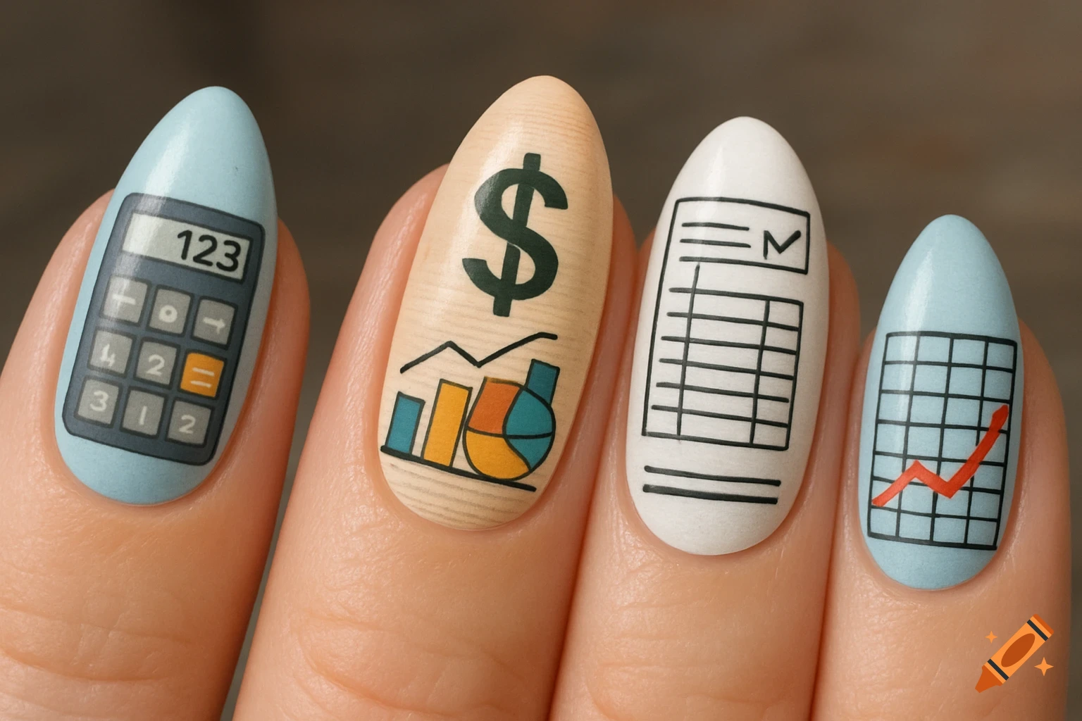 Close-up of four nails with accounting and finance themed art: calculator, dollar sign with graphs, spreadsheet, and line graph.