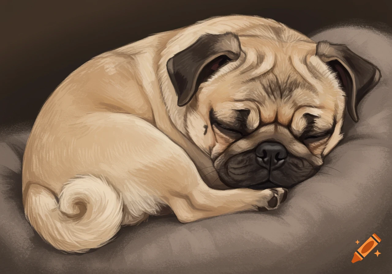 A pug dog sleeping curled up on a cushion