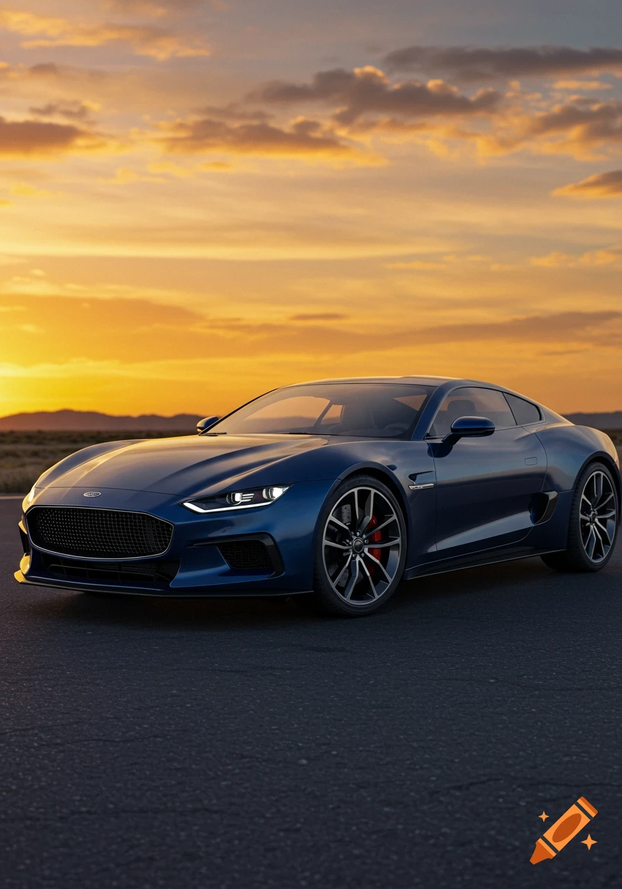 Blue sports car on a road at sunset.