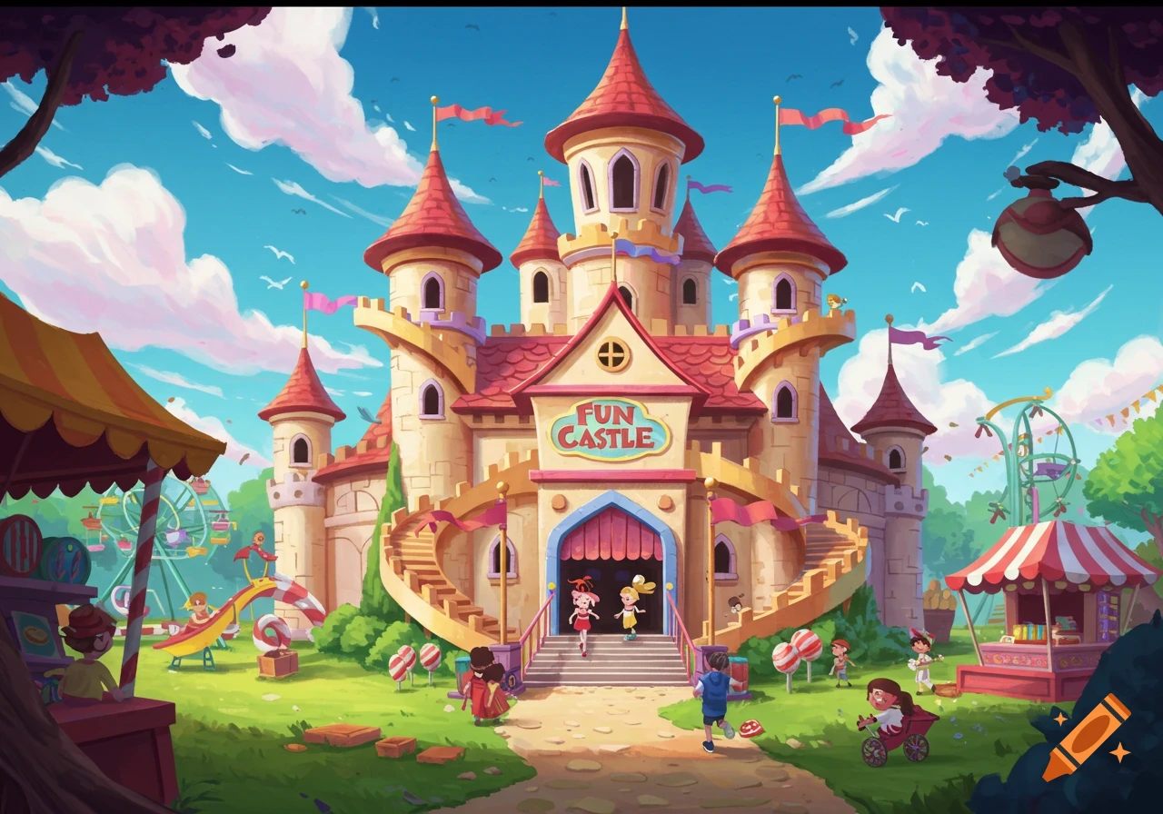 A cartoon castle with 'FUN CASTLE' text above the entrance, surrounded by a carnival scene with rides and people in an illustrative style.