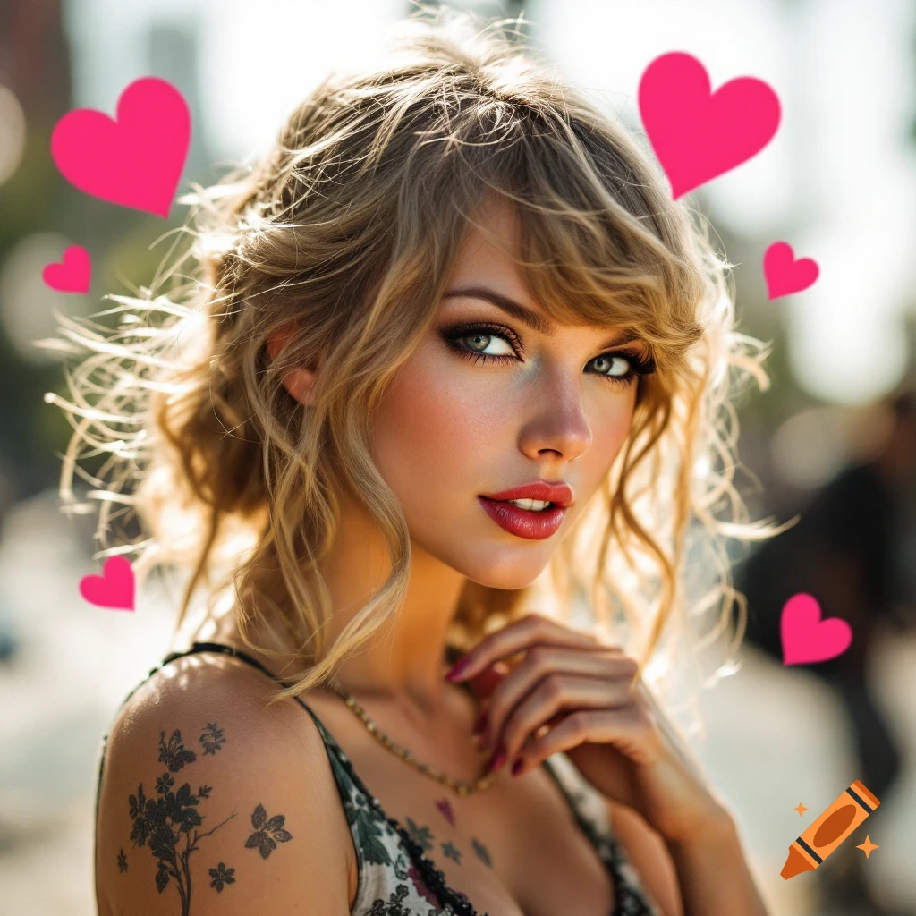 Photorealistic portrait of a woman resembling Taylor Swift outdoors with pink hearts around her.