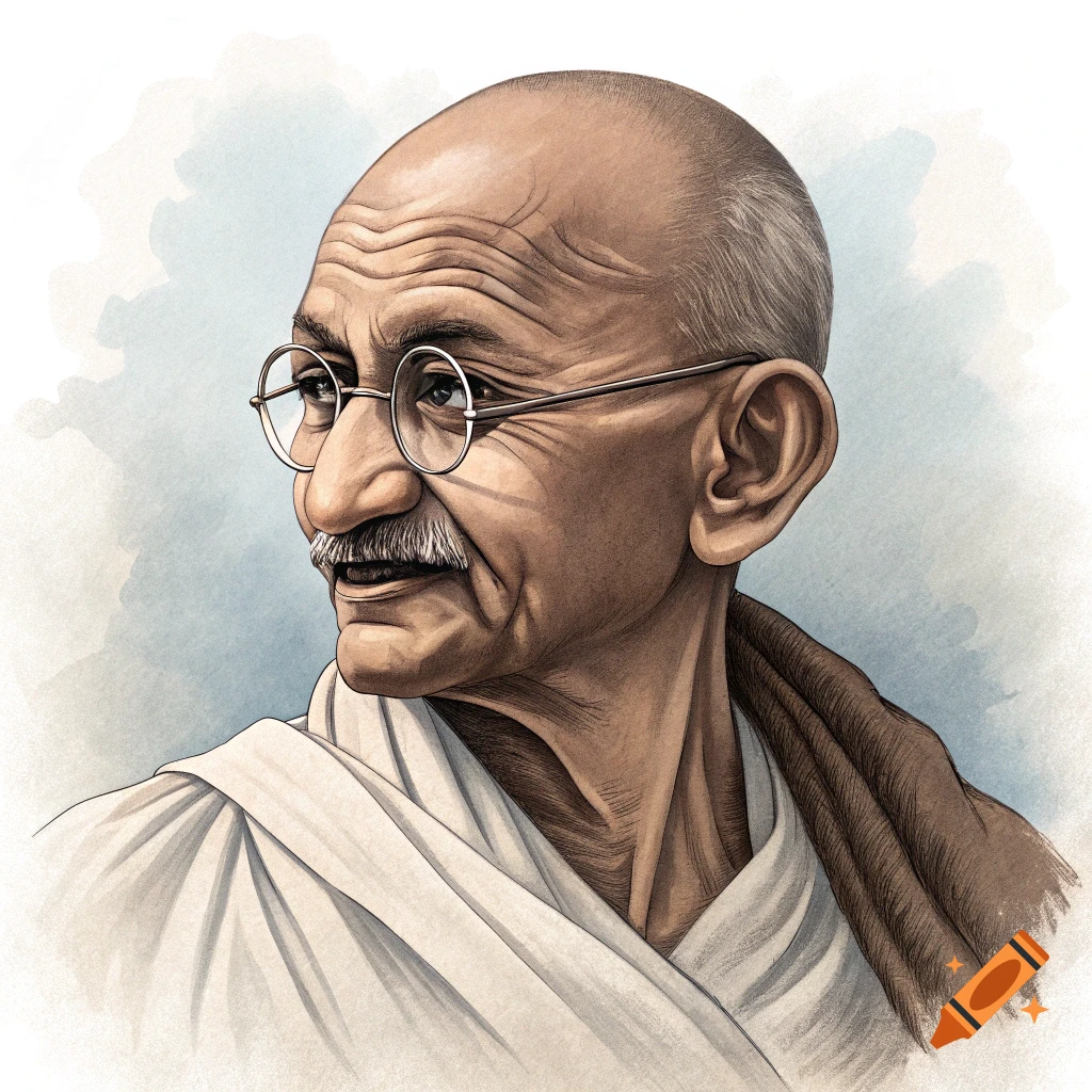 Close-up portrait of Mahatma Gandhi wearing glasses and a shawl, in a stylized illustrative style.