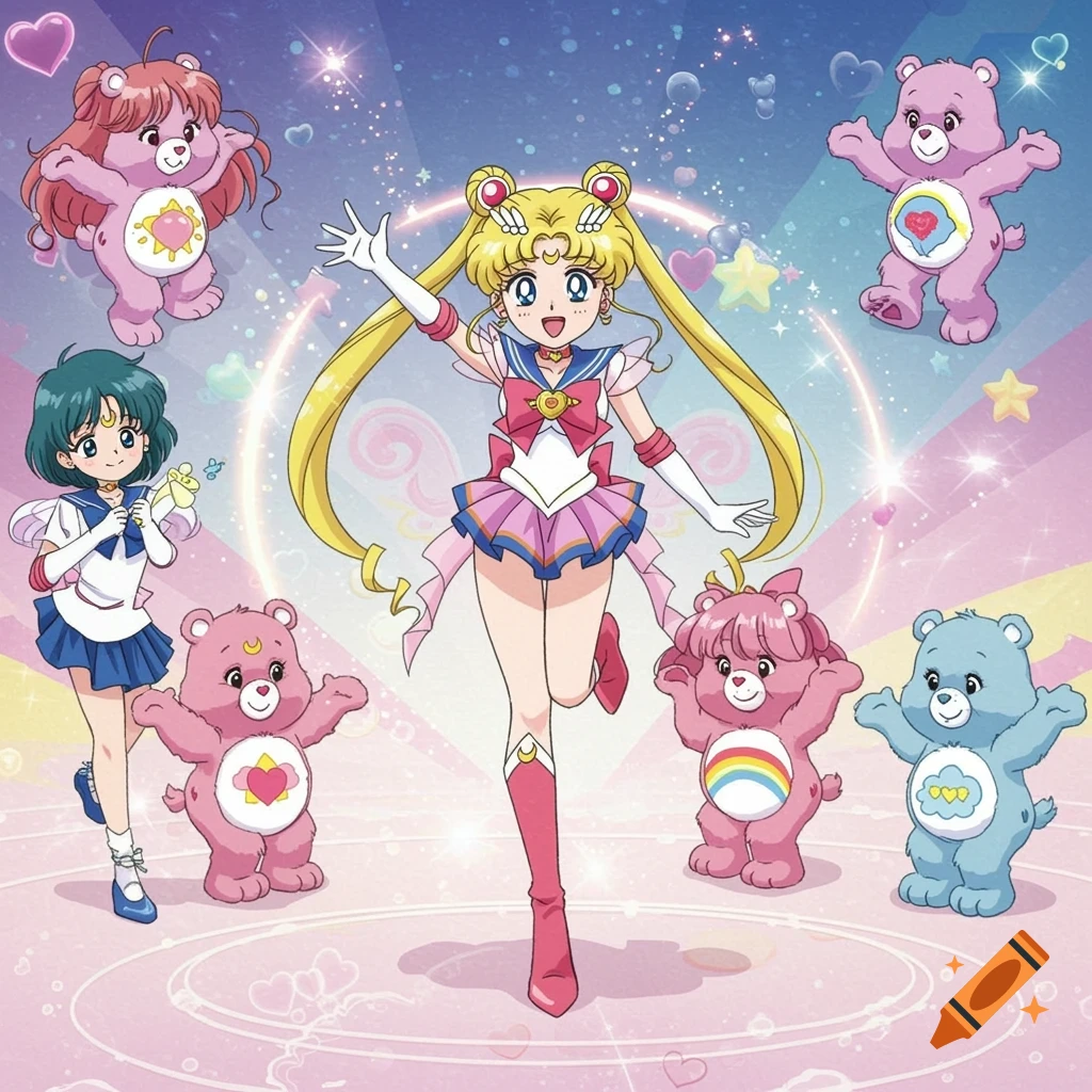 Anime illustration of Sailor Moon, Sailor Mercury, and Care Bears in a magical starry background.