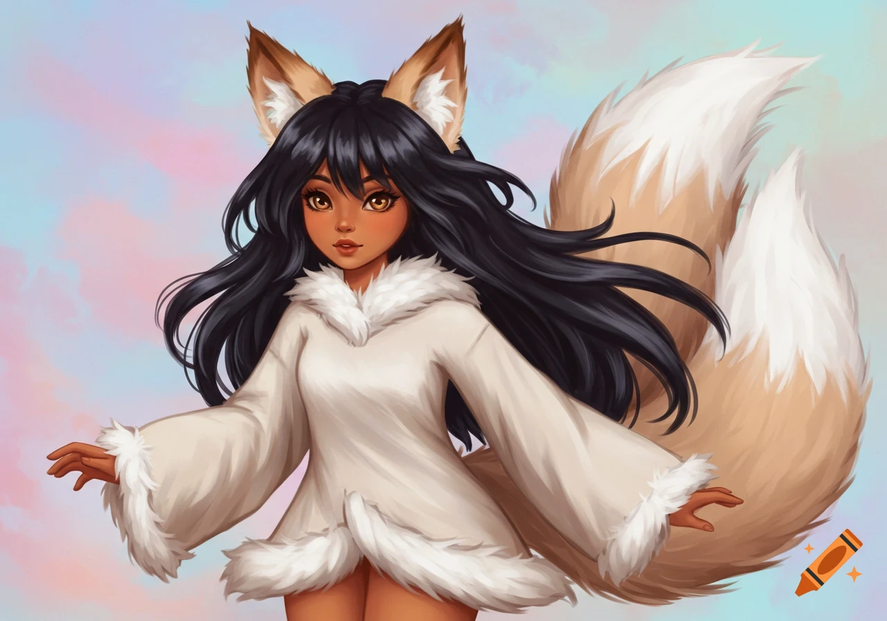 A girl with fox ears and tail in a white fur-trimmed coat