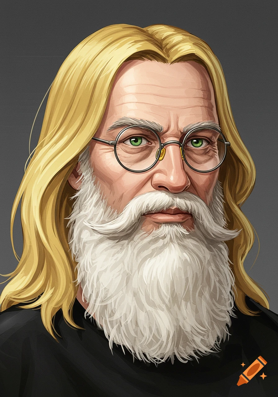 Cartoon portrait of a man with long blonde hair and a white beard, wearing wire-rim glasses.