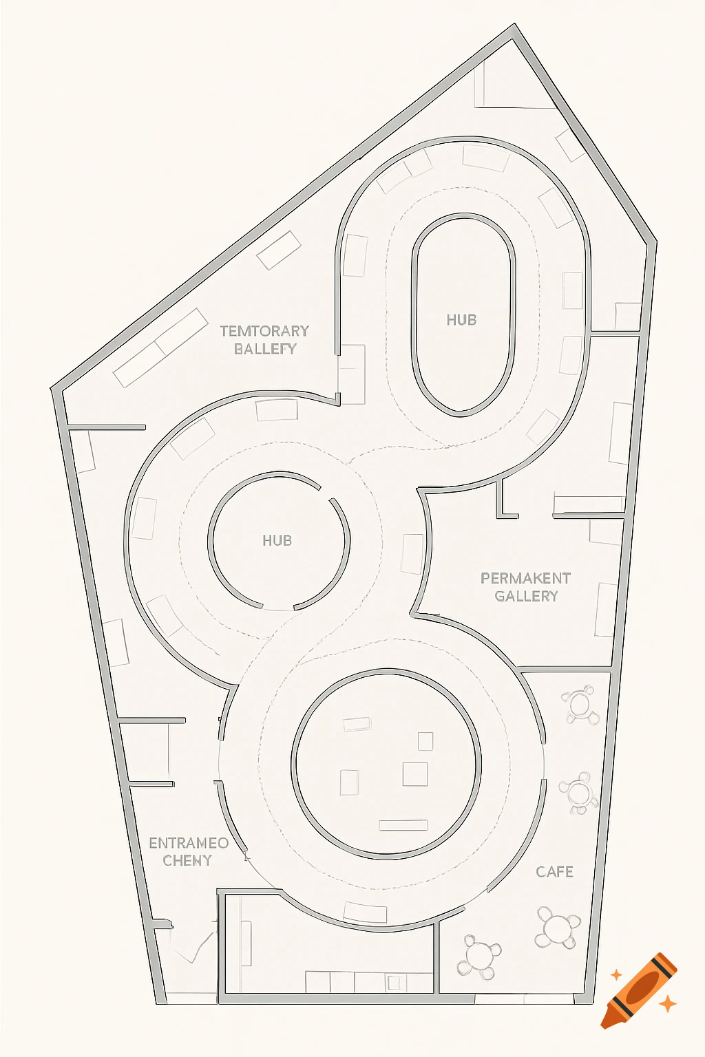 A 2D architectural blueprint of a modern art gallery floor plan with a figure-8 layout.