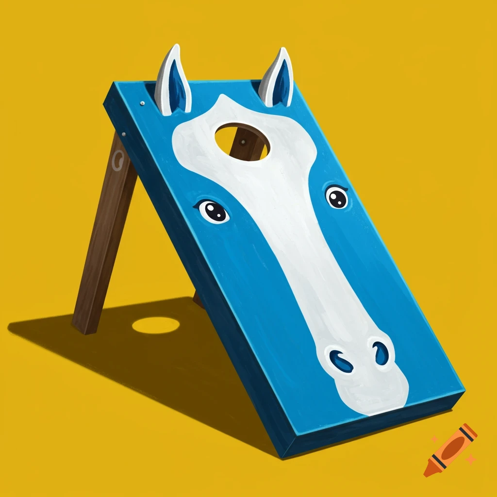 A blue and white cornhole board shaped like a horse's head is placed on a yellow background.