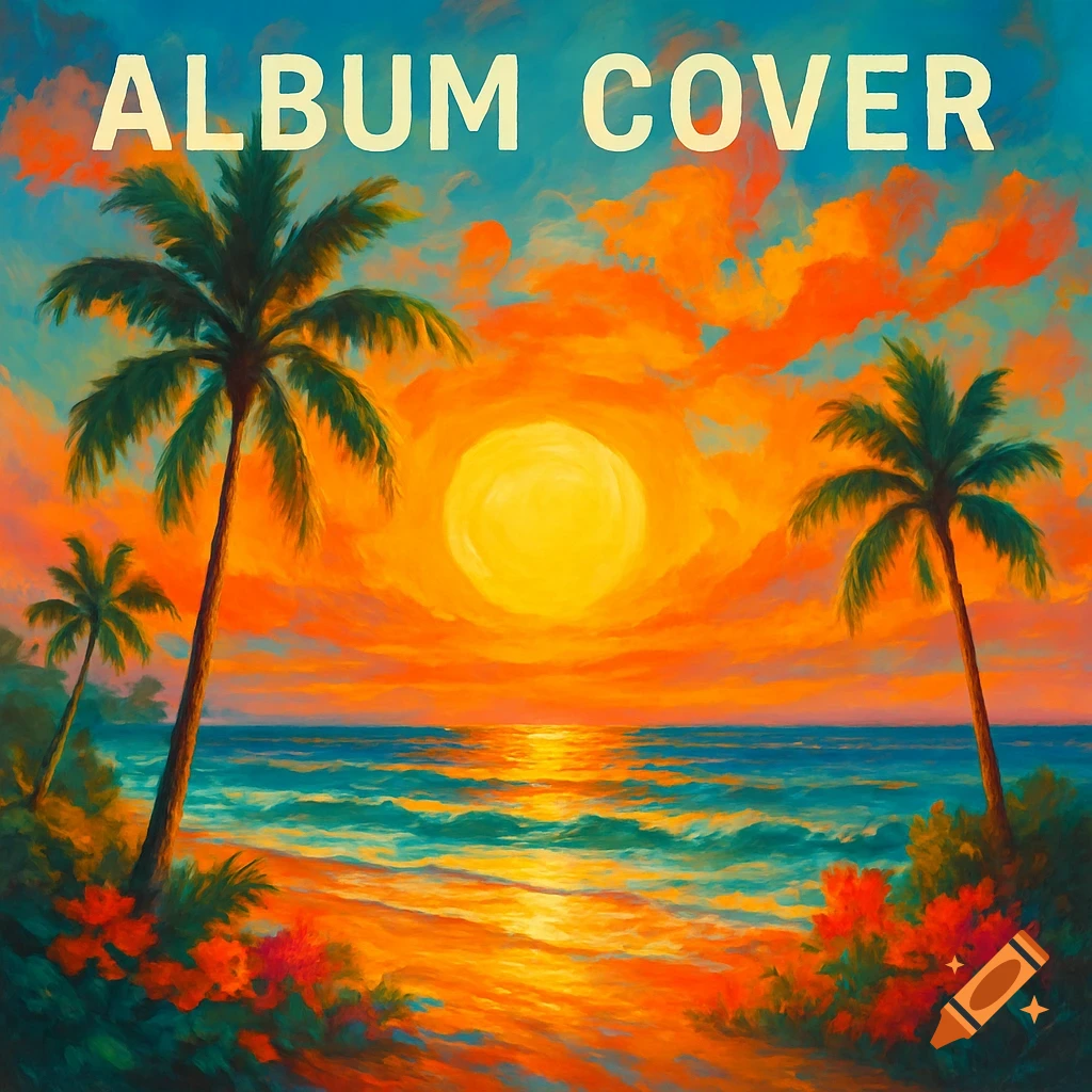 A vibrant tropical beach sunset with palm trees and the text "ALBUM COVER" at the top.