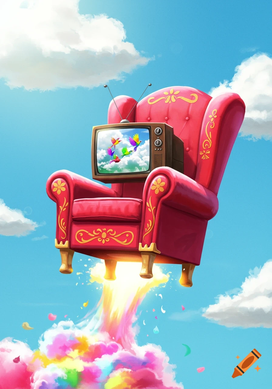 A pink armchair with a TV flying through the sky, leaving a trail of colorful smoke.