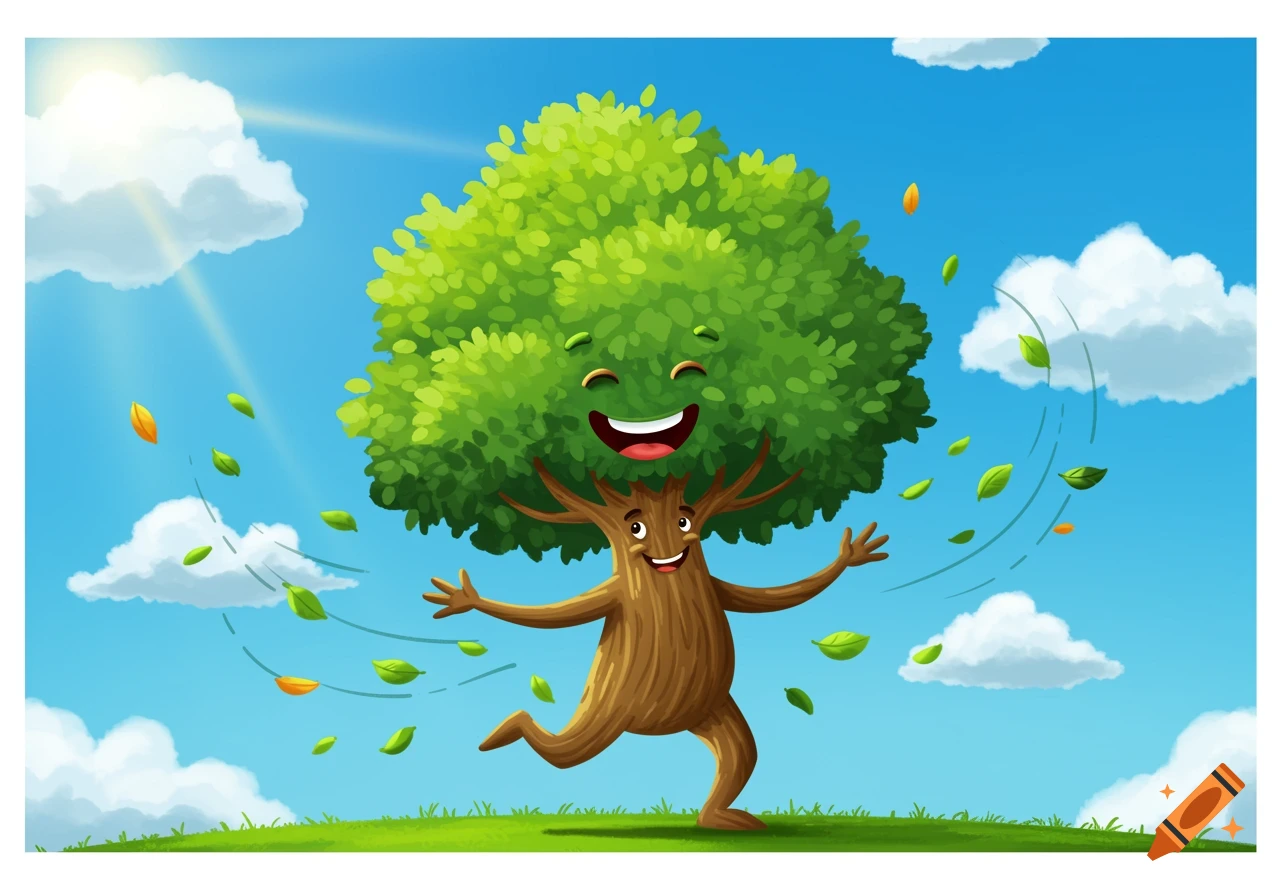 Cartoon illustration of a cheerful dancing tree under a sunny blue sky with swirling leaves.