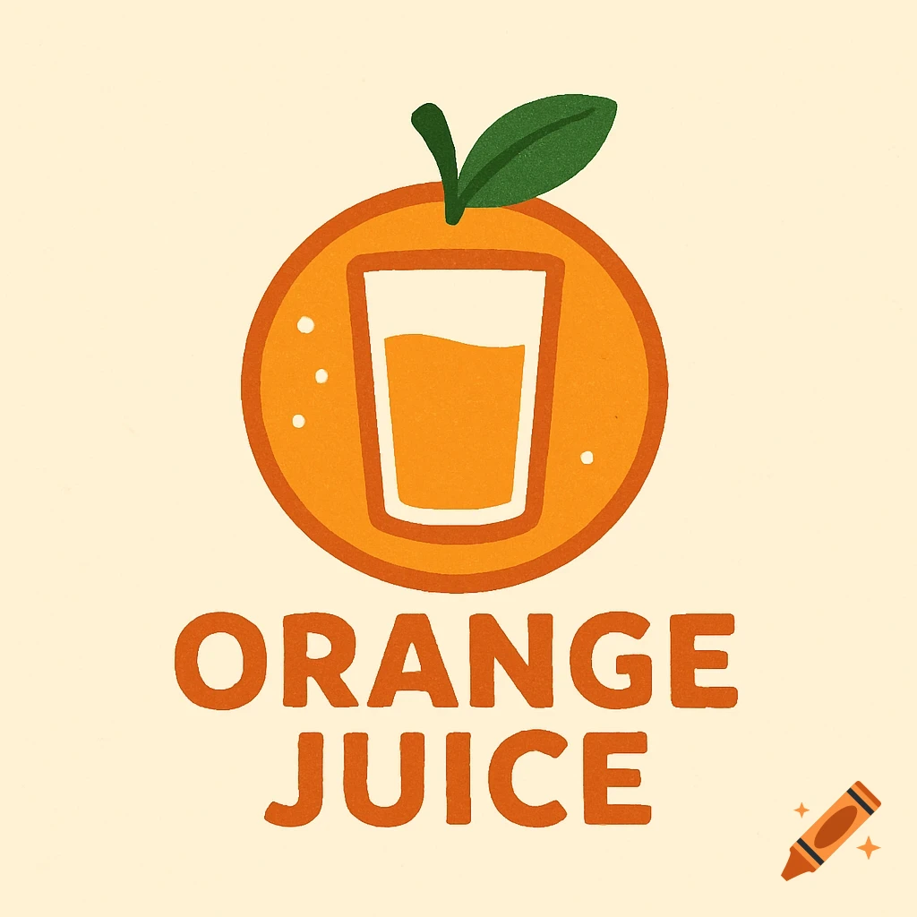 Stylized orange juice logo with orange slice, glass of juice, and text 'ORANGE JUICE'.