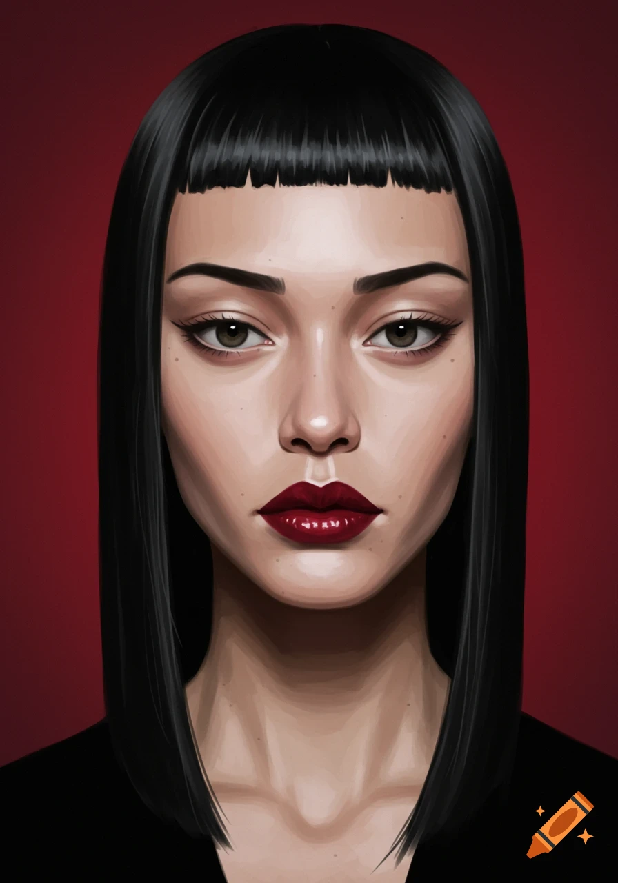 portrait of a woman with dark bob haircut and red lipstick on a red background.