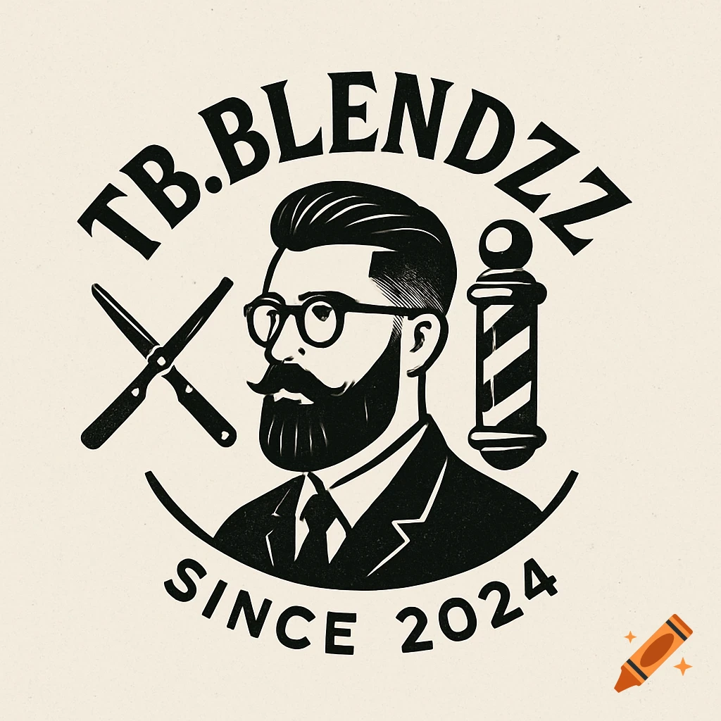 Black and white illustration logo for a barber shop featuring a man, scissors, a barber pole, and the text TB.BLENDZZ SINCE 2024.