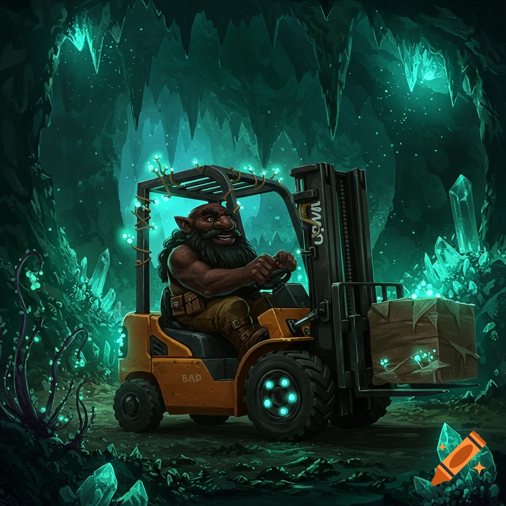 A deep gnome driving a yellow forklift through a glowing crystal cave.