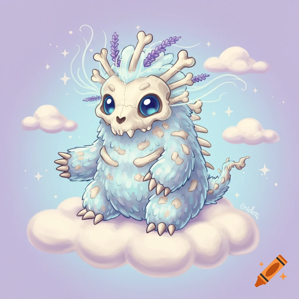 A cute fluffy blue monster with a bone skull head, sitting on a cloud with lavender and stars, digital art.
