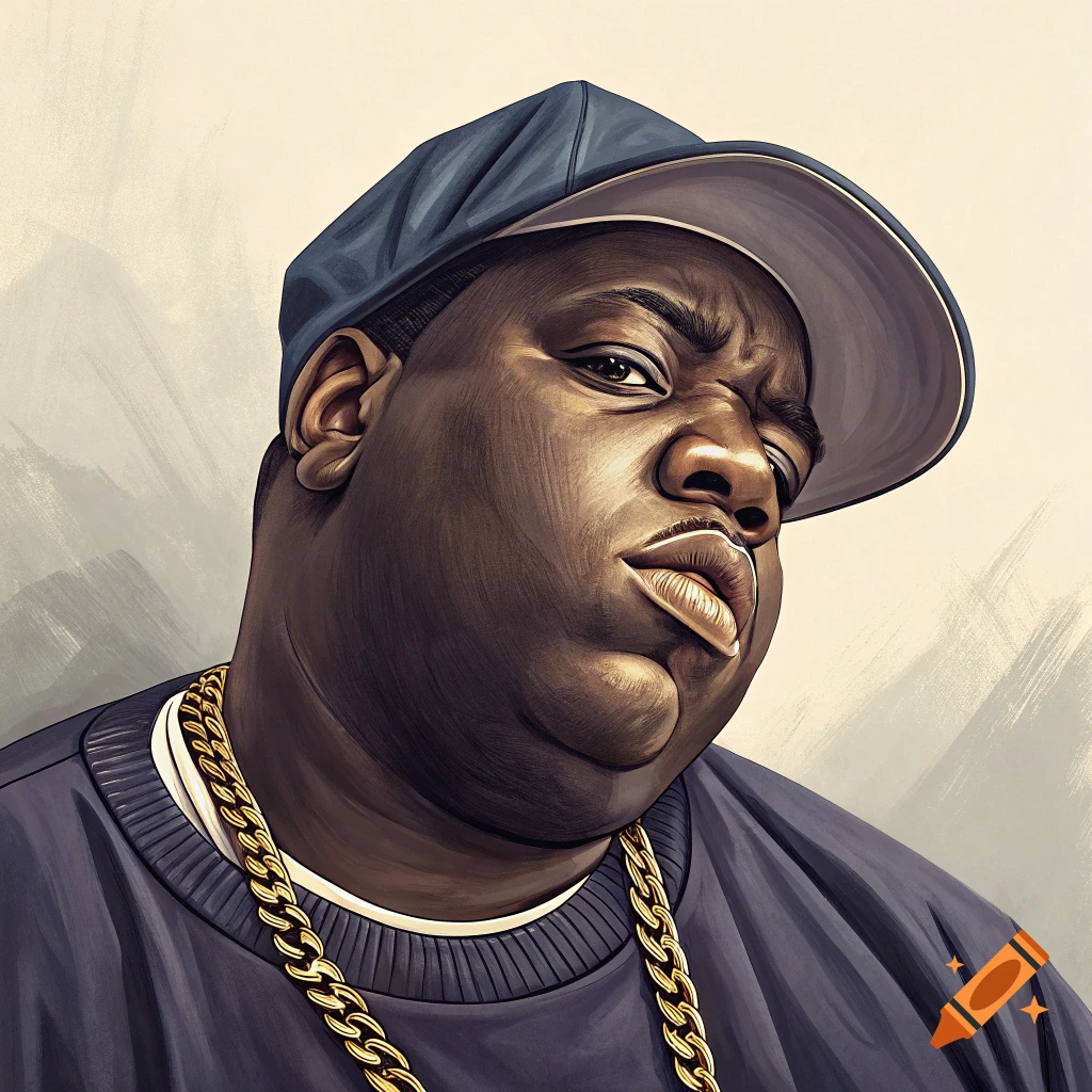Illustrated portrait of a man resembling Biggie Smalls wearing a baseball cap and gold chains.