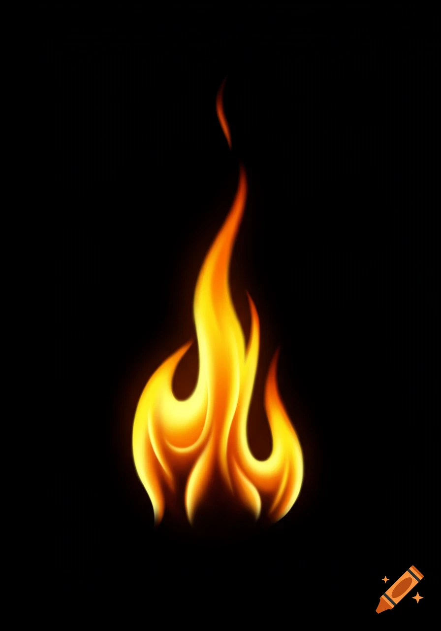 A stylized fire flame on a black background.