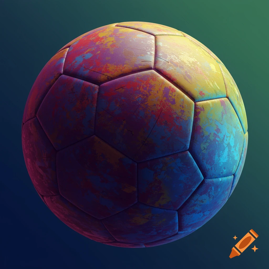 A colorful, digitally painted soccer ball with abstract textures.