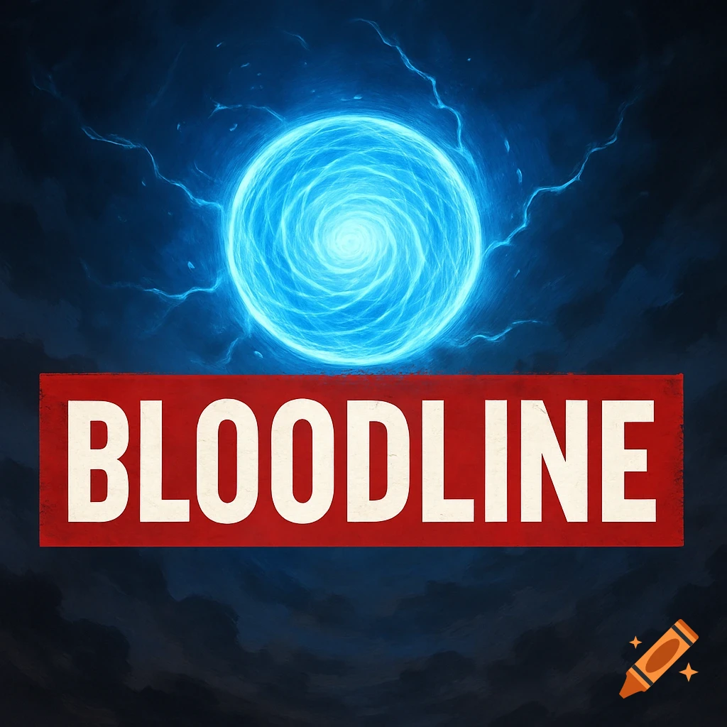A swirling blue energy sphere above a red bar with white text 'BLOODLINE'.
