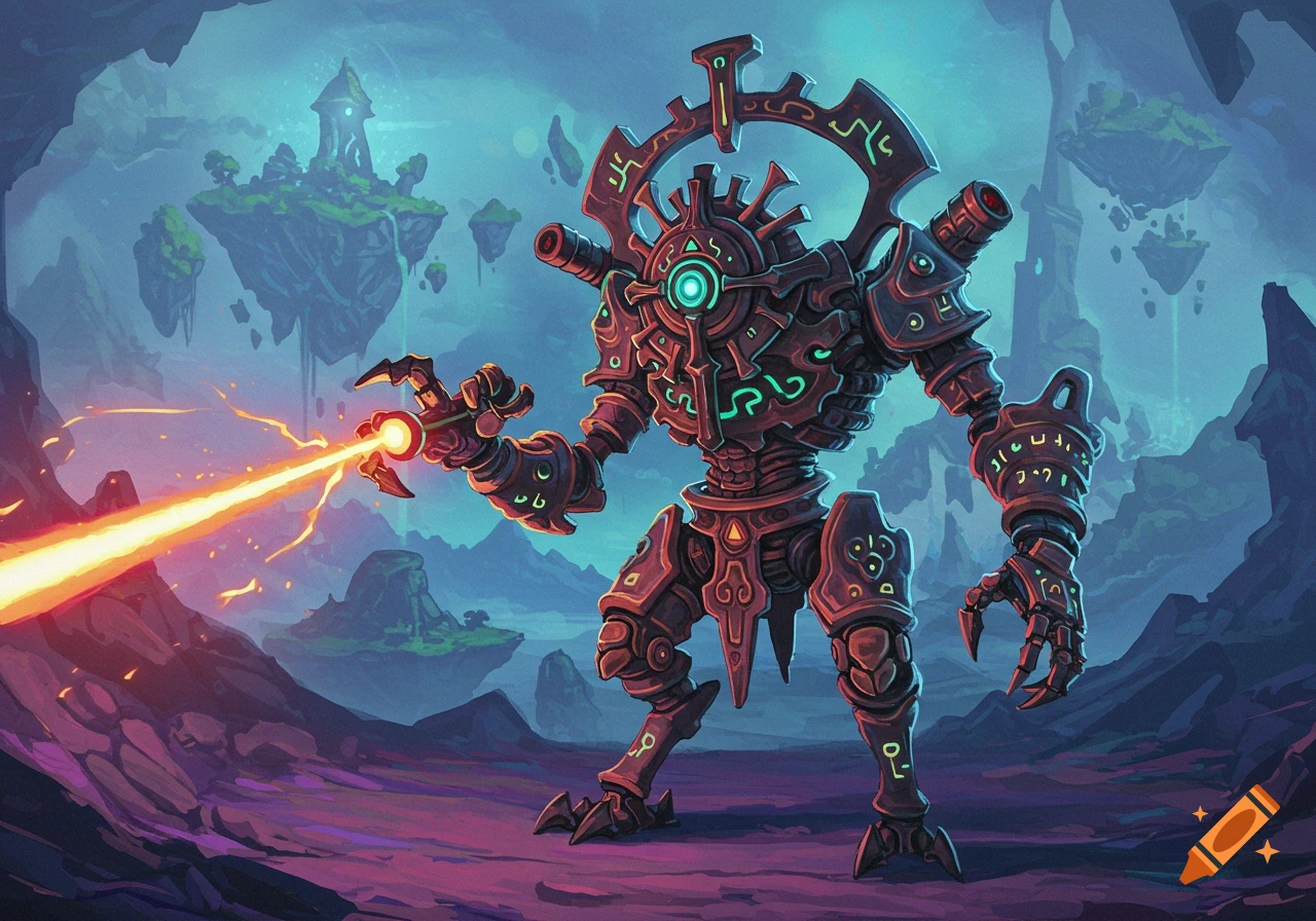 A large fantasy robot firing a laser beam in a landscape with floating islands.