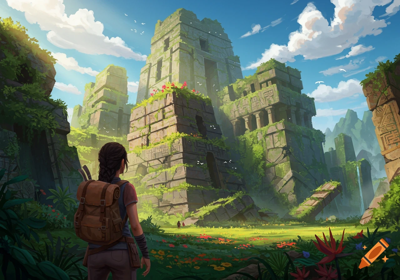 A person with a backpack stands before immense overgrown ruins in a jungle landscape.